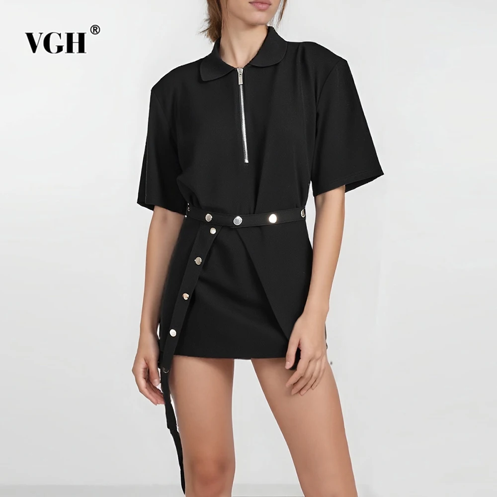 

VGH Black Two Piece Set for Women Lapel Half Sleeve Spliced Zipper Top High Waist Temperament Split Mini Skirt Sets Female Style