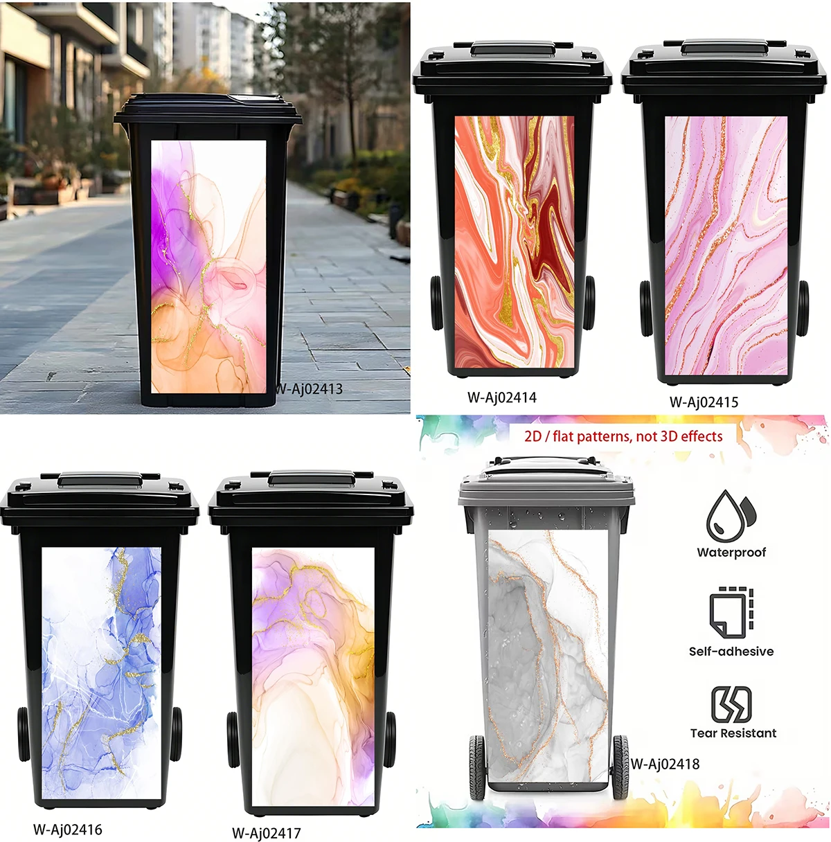 Marble Gold Wheelie Bin Sticker Waterproof Self Adhesive Vinyl Decal Tear Resistant Outdoor Trash Can Wrap Garden Home Decor