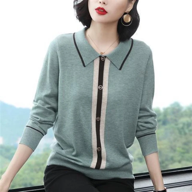 2023 Autumn/Winter New Wide Show Thin Loose Polo Neck Long Sleeve Solid Loose Comfortable Leisure Office Lady Color Female Knit