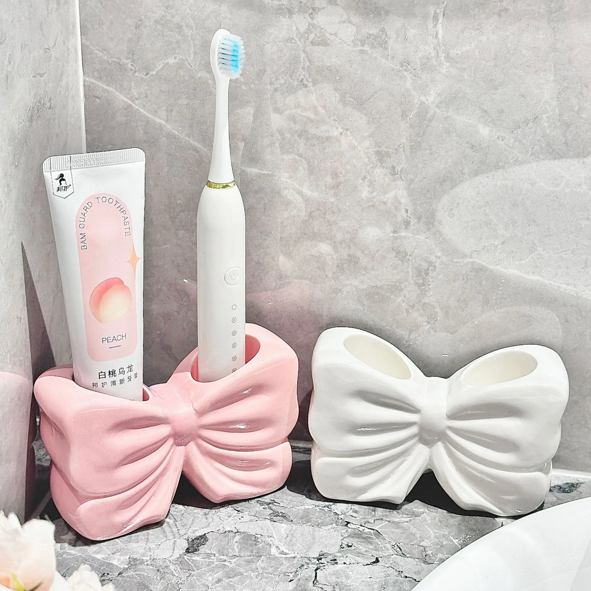 

Girl Heart Bow Toothbrush Shelf Creative Bathroom Washstand Electric Toothbrush Toothpaste Ceramic Storage Rack