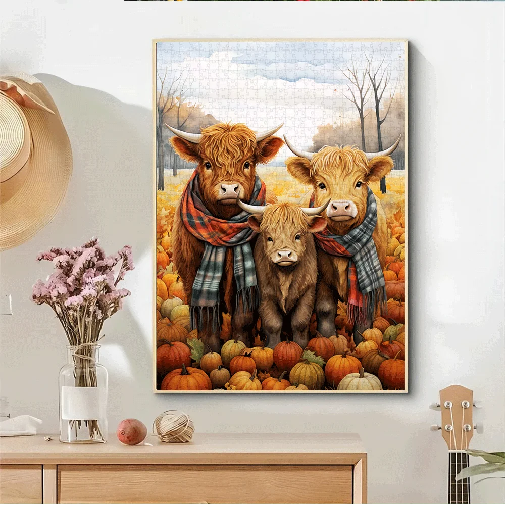 [Puzzle parabolico] Puzzle impegnativo da 1000 pezzi per adulti - Bovini delle Highland con sciarpe scozzesi e zucche autunnali