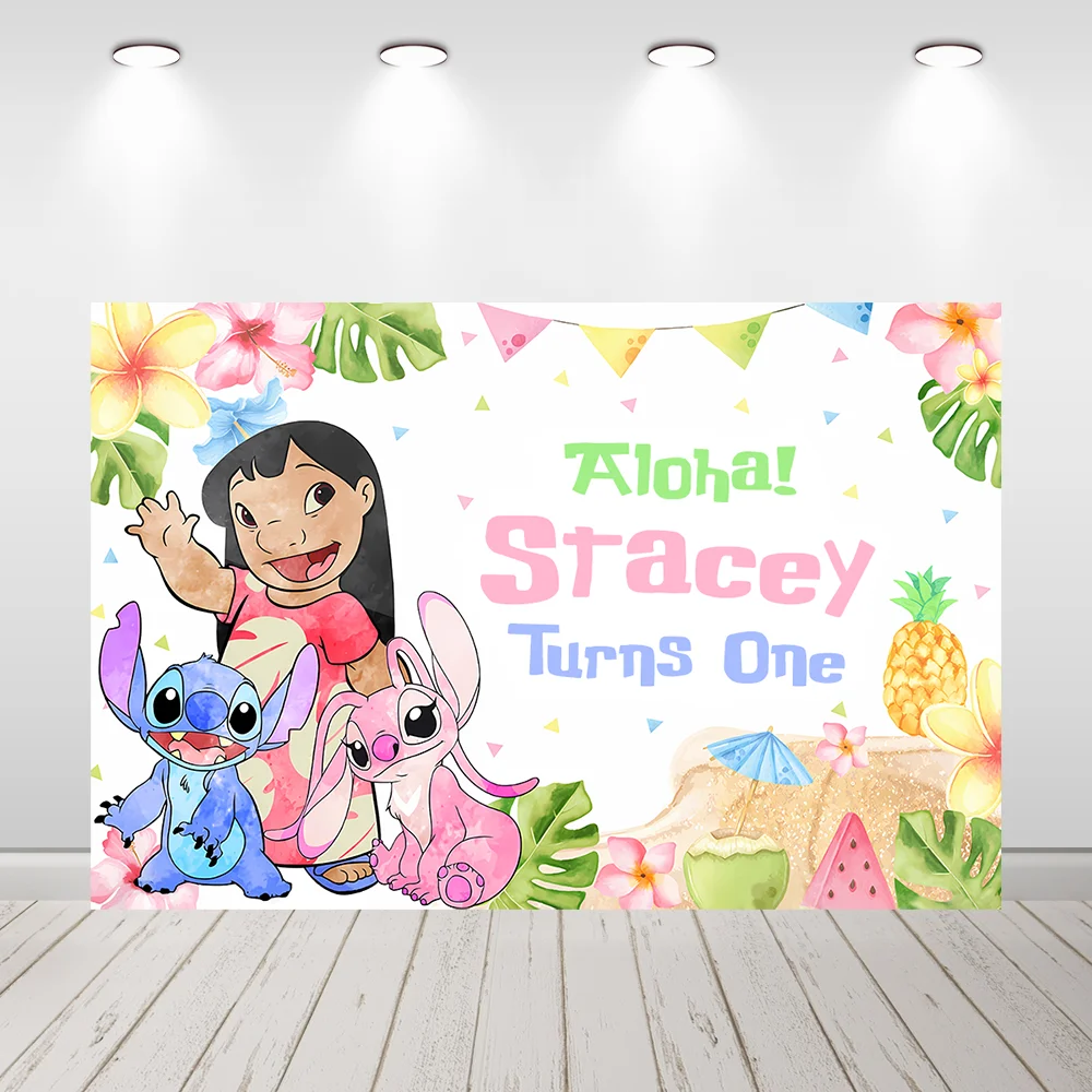 Cartoon Lilo and Stitch Baby Shower Decoration for Kids Photography Backdrops Summer Aloha Newborn Birthday Background Banner