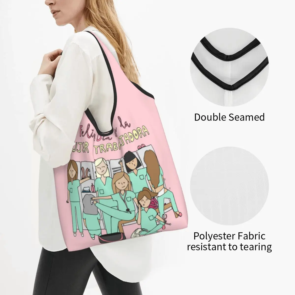 Recycling Cartoon Ladies Nurse Doctor Printed Shopping Bag Women Tote Bag Portable Groceries Shopper Bags