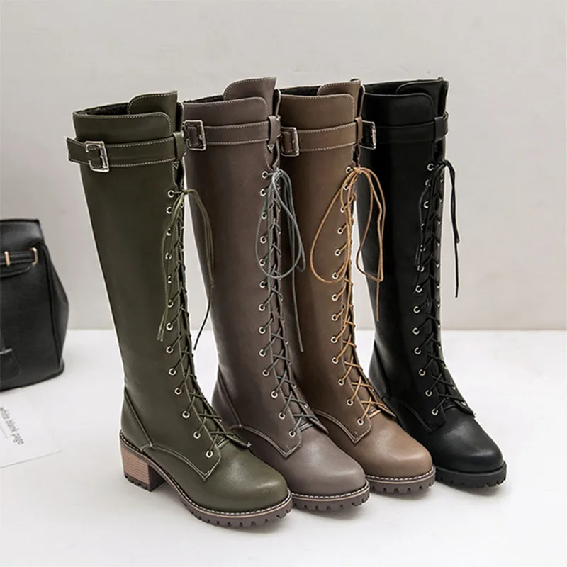 2024 Hot Sale Spring Autumn Lacing Knee High Boots Women Fashion Square Heel Belt Buckle Ladies Leather Shoes Winter Size 34-44