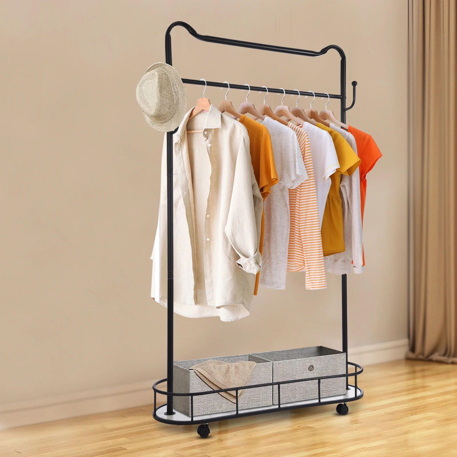 

Clothes Rack Movable Coat Rack Coat Rack with Storage Basket Metal Shelf Metal Movable Hanger with Storage Basket