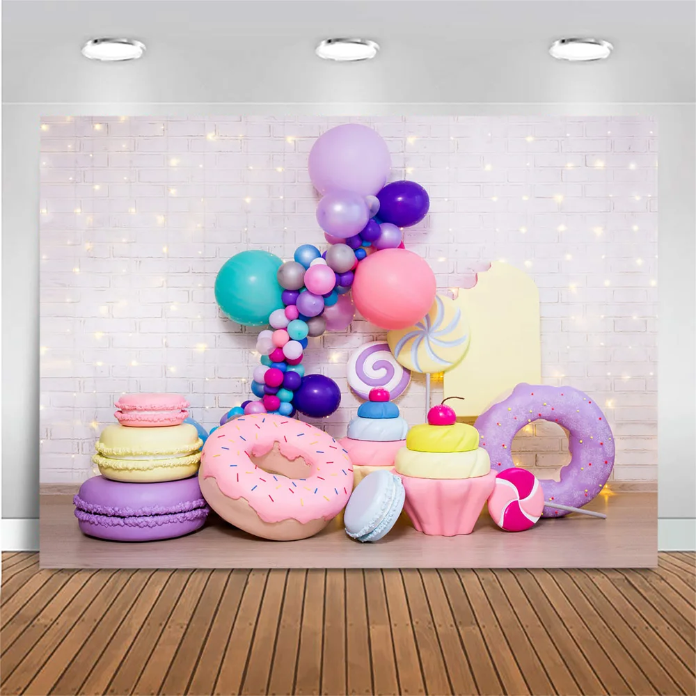 Фон для фотосъемки новорожденных детей в фотостудии с изображением конфет леденцов пончиков мороженого детского дня рождения