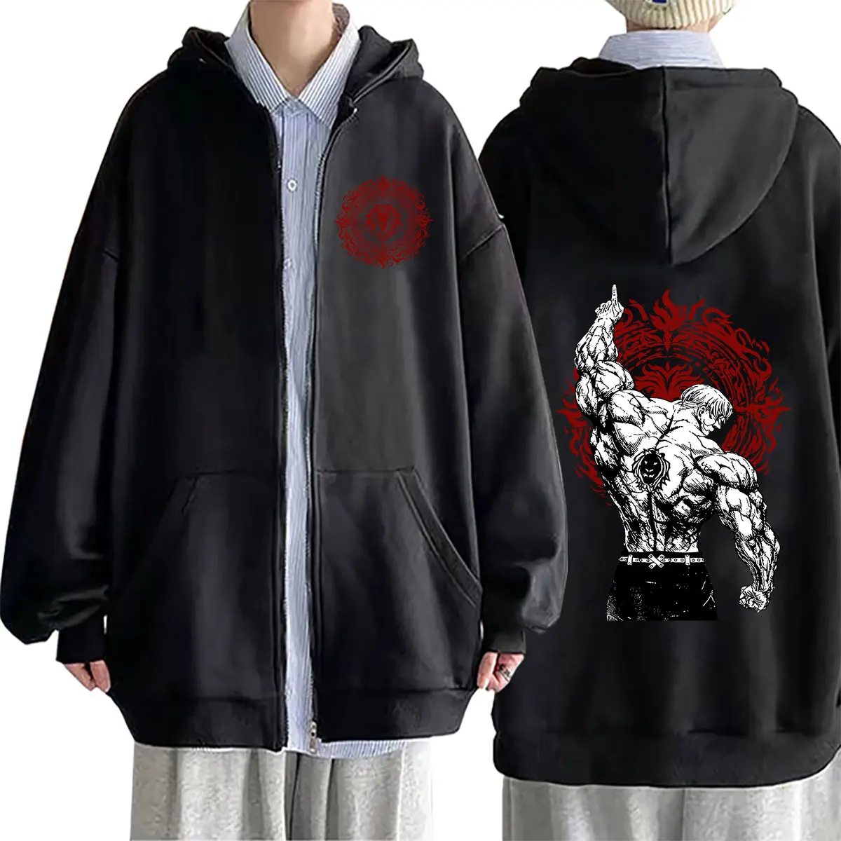Sweat à capuche zippé surdimensionné décontracté pour hommes et femmes, motif Escanor, le Pêché de la fierté du Lion, inspiré de l'anime Les Sept Pêchés capitaux