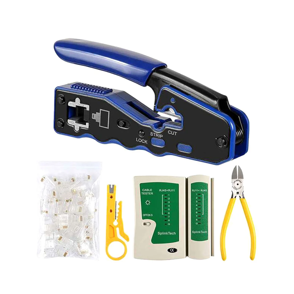 Network Lan Cable Tester RJ45 Crimp Tool Pass Through Modular CAT6 Cat5E Cat5 Crimping Kit 150PCS Through Connectors