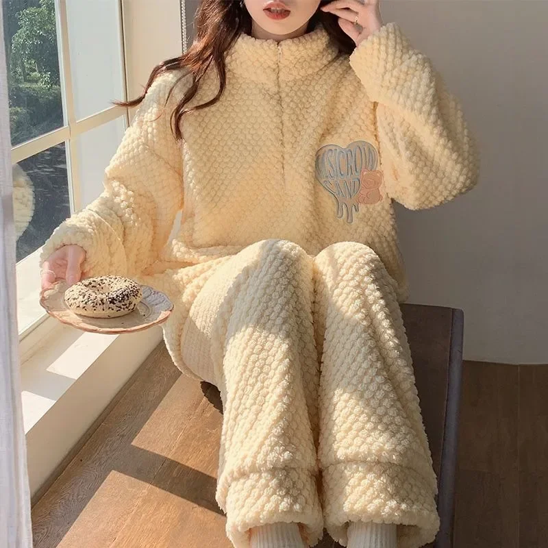 

2024 New Coral Velvet Zippered Pajamas for Women Autumn Winter Thickened Plush Loungewear Warm Stand Collar Loose Homewear