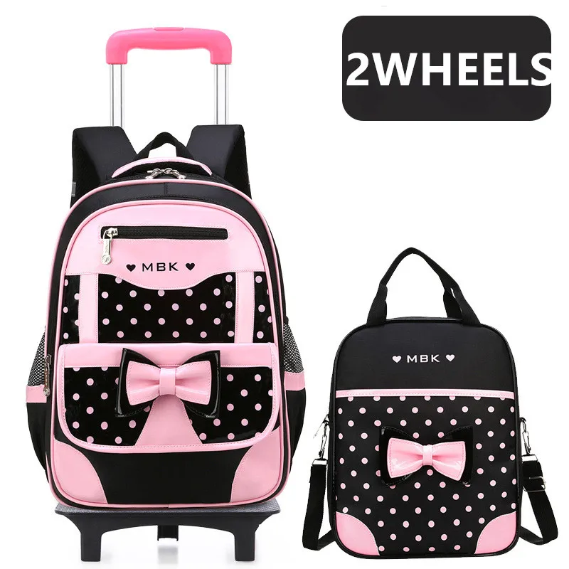 2024 Korean dot printed children backpack for teenage girls Cute bow waterproof kids school bags 2/6 wheels Trolley schoolbag