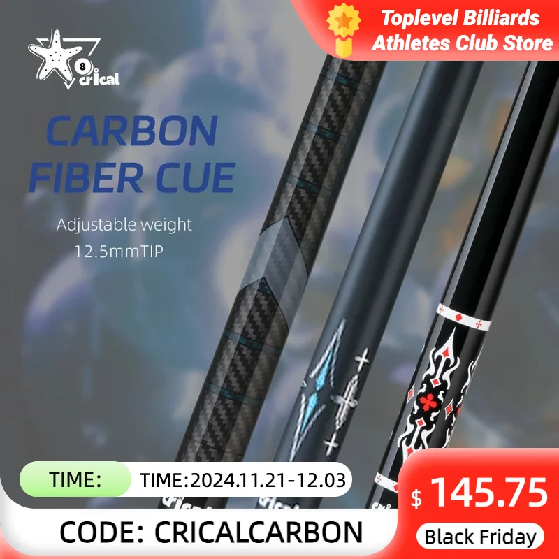 CRICAL Carbon Fiber Billiard Pool Cue Stick Black Technology Carbon Pool Cue Stick Kit 11.5/12.5mm Extender with Billiard