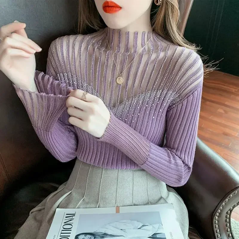 Half High Collar Mesh Lace Sweater Bottom Top for Women Autumn Long Sleeve Jumpers Diamond Hollow Out Slim Knit Pullover