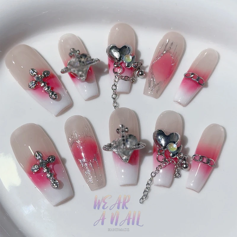 ﻿  10PCS Y2K Handmade Press on Nails Goth Pink French Style Fake Nails with Design Full Cover Long Coffin Acrylic Nail Tips