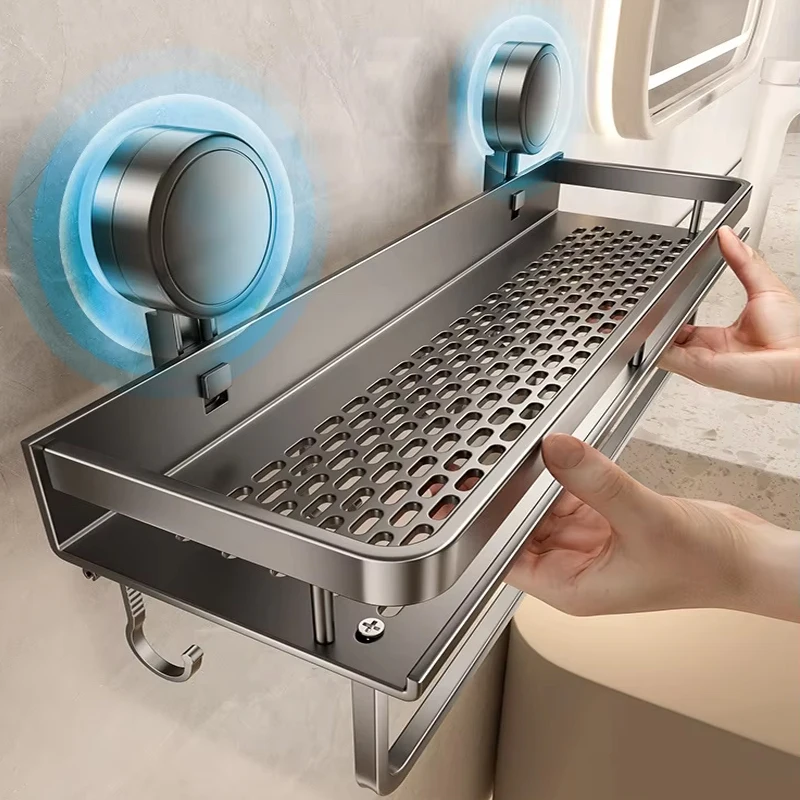 Saugnapf-Badezimmerregal ohne Bohren, Aluminium-Hängeregal für Toilettenraum, Badezimmer-Organizer zum Aufhängen an der Wand