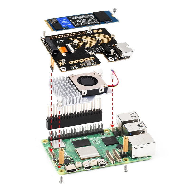 Raspberry Pi 5 PCIe a ETH M.2 HAT + RTL8111H Gigabit Ethernet Puerto RJ45 Adaptador NVME de 5 Gbps para 2230/2242/2260/2280 Tamaño SSD RPI5