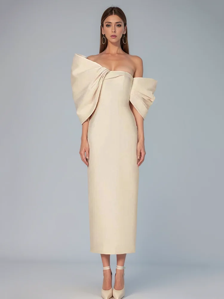 DEAT Fashion Women\'s Evening Dress Slash Neck Chest Wrapping 3D Bows Patchwork Slim Zipper Dresses Summer 2024 New Tide 7AB4037