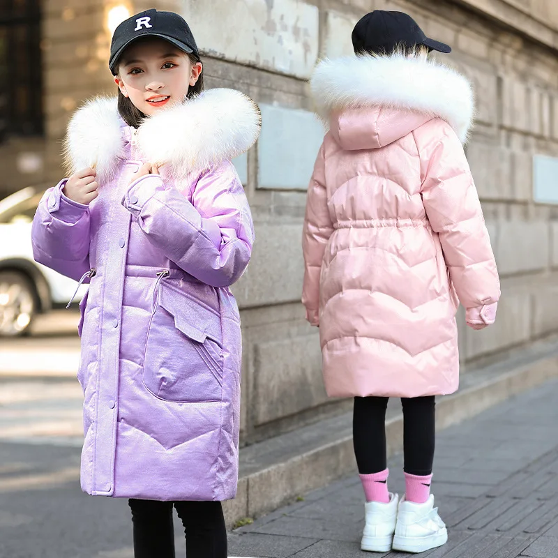 

Winter Faux White Fur Long Jacket Girls 90% Duck Down Warm Coat Big Pocket Kids Hooded Casual Solid Outwear XMP150