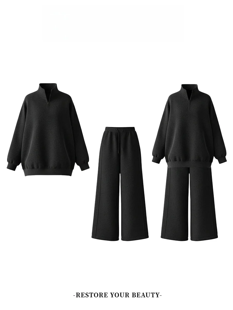 

Winter New Women's Loose Wide Leg Pants Sweatirt f Zipper Two Piece Set Comfortable Casual Faion Outfit High Waist