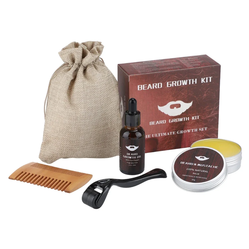 

4pcs/set Beard Growth Kit Hair Enhancerbeard Essential Oil Moisturizing Hair Wax Roller Comb Men Barbe Beard Styling Care