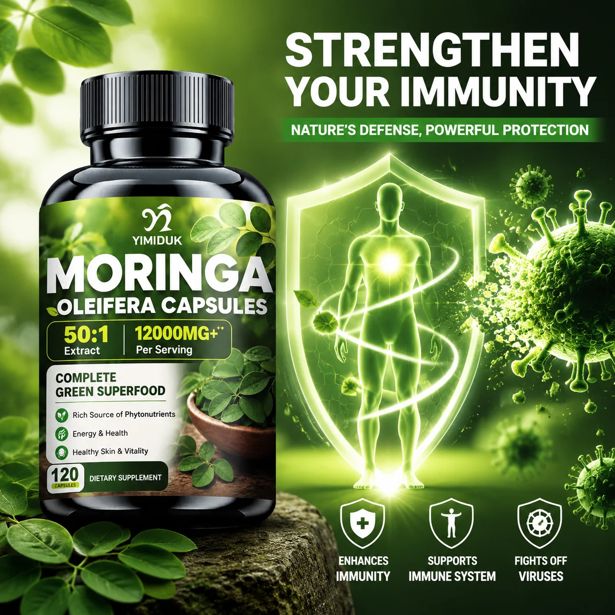Moringa Leaf Powder - Hochkonzentrierte Moringa-Blatt-Kapseln mit Kurkumin und Piperin,