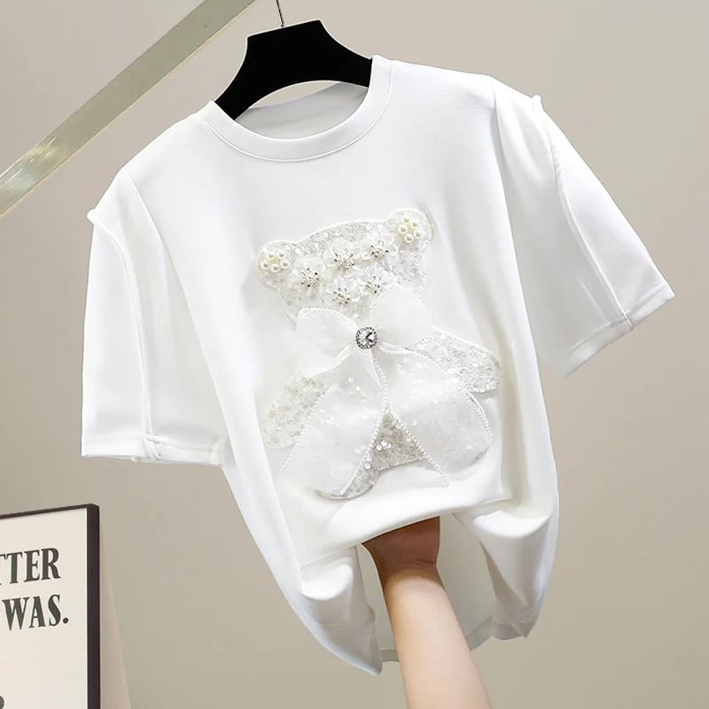 

Handmade Beaded Cute Bear Decorative Short Sleeve T-Shirt Loose Youthful Sweet Knot Korean Style Cotton Silk Top