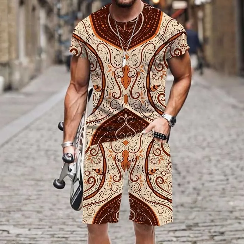 

2025 Мужская футболка с круглым вырезом и 3D принтом в стиле ретро, повседневные шорты, комплект из 2 предметов, летний уличный новый спортивный комплект