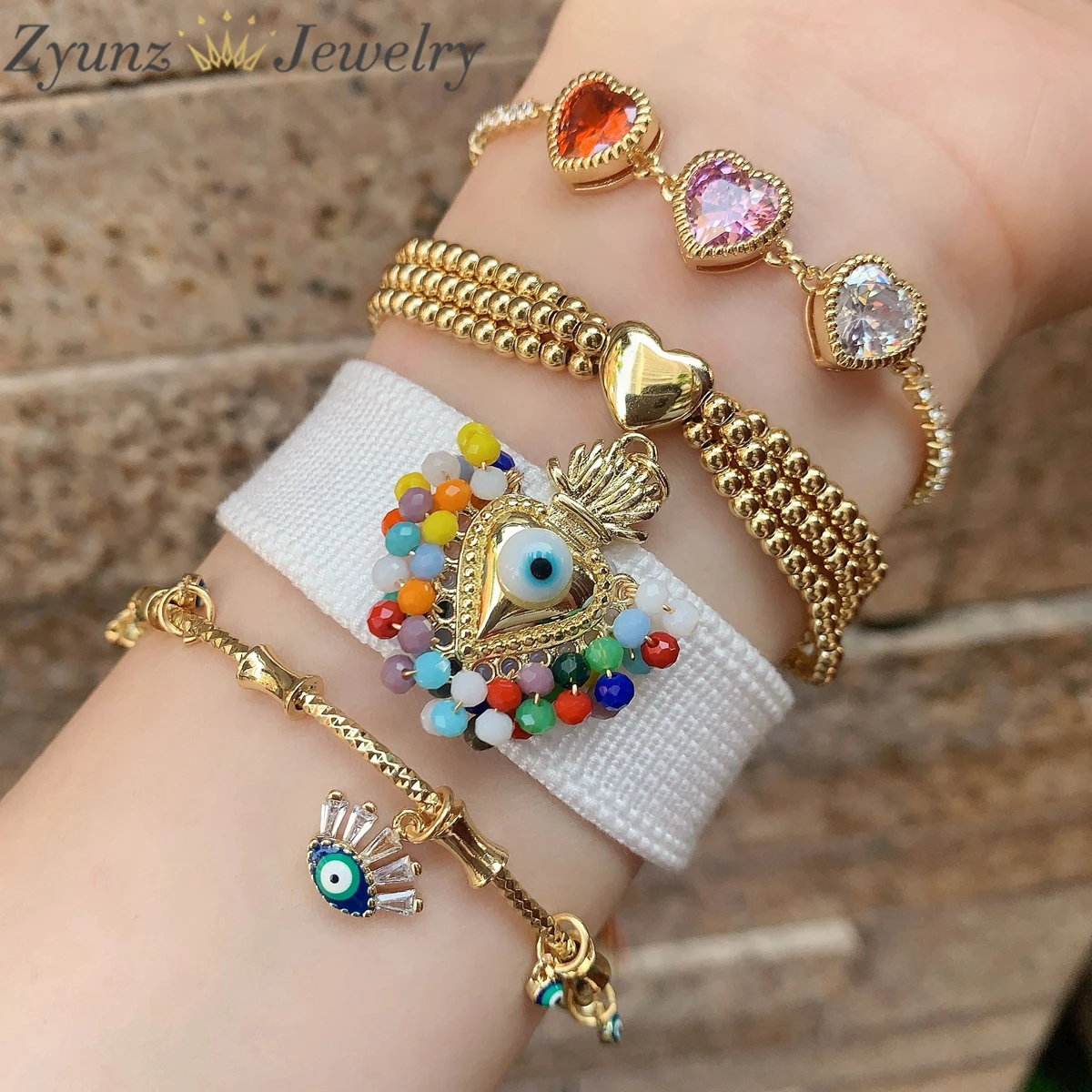 5PCS, Gold Zircon Heart Beads Bracelets Femme Jewelry for Women Gift Heart Shape Eye Bracelets