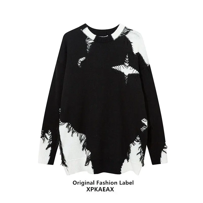 

American Contrast Hip-hop Style Knitted Sweaters for Unisex Hollow Splicing Tassel Jumpers O-neck Loose Casual Couple Pullovers