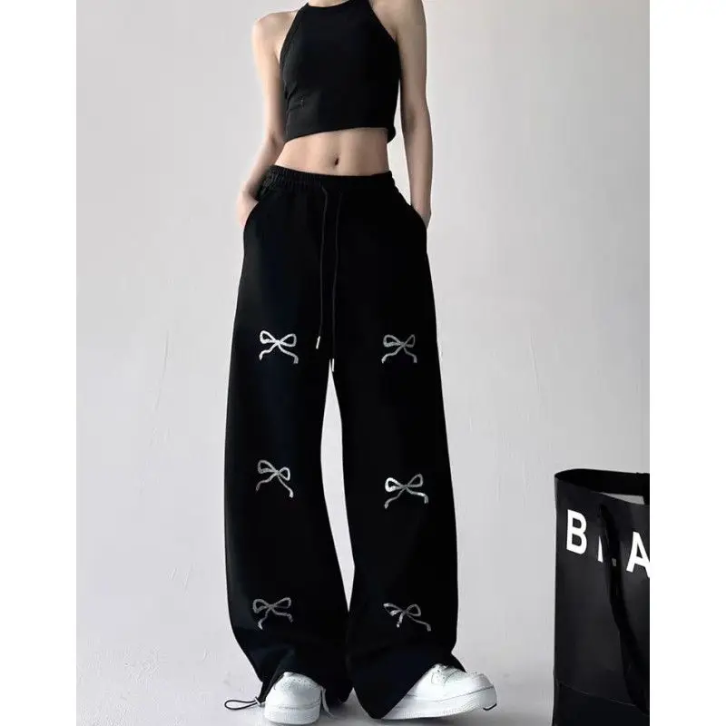 الرجعية عالية الخصر Sweatpants غير رسمية ربطة القوس فيونكة طباعة واسعة الساق السراويل الإناث الرباط السراويل Widcasual الهيب هوب الرقص الشارع الشهير
