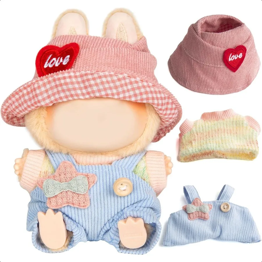 

17cm Doll Clothes 3 Pieces Set Cute Clothes for 17cm Dolls Outfit Pink Love Pattern Hat+ Colorful Sweater + Baby Blue Romper Cu