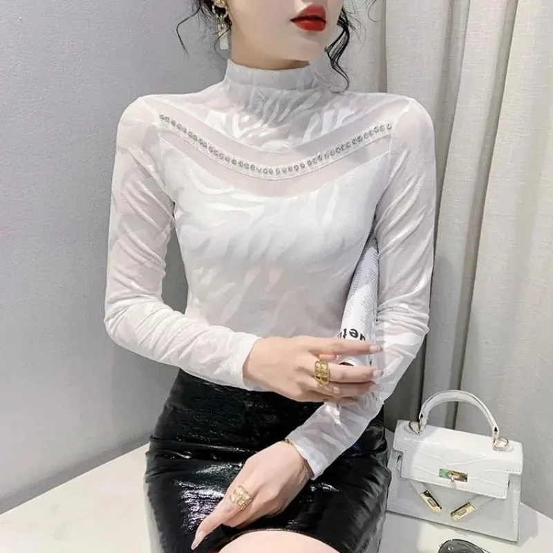 

Women's Base Layer High Collar Autumn Winter Mesh Geometric Pattern Top