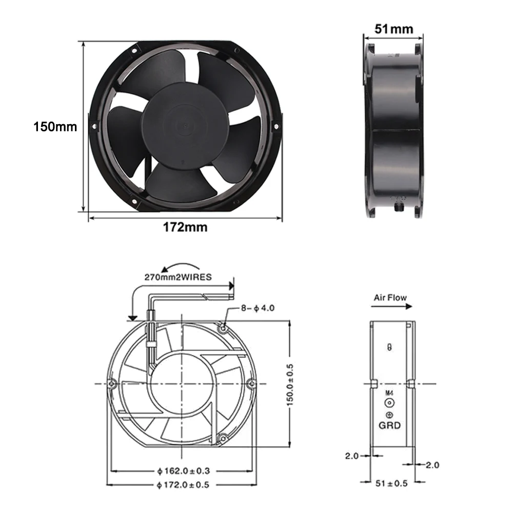 Axiale ventilator FP-108EX-S1-B 220V 38W Koelventilator met dubbele lager Ovaal 172x162x51mm