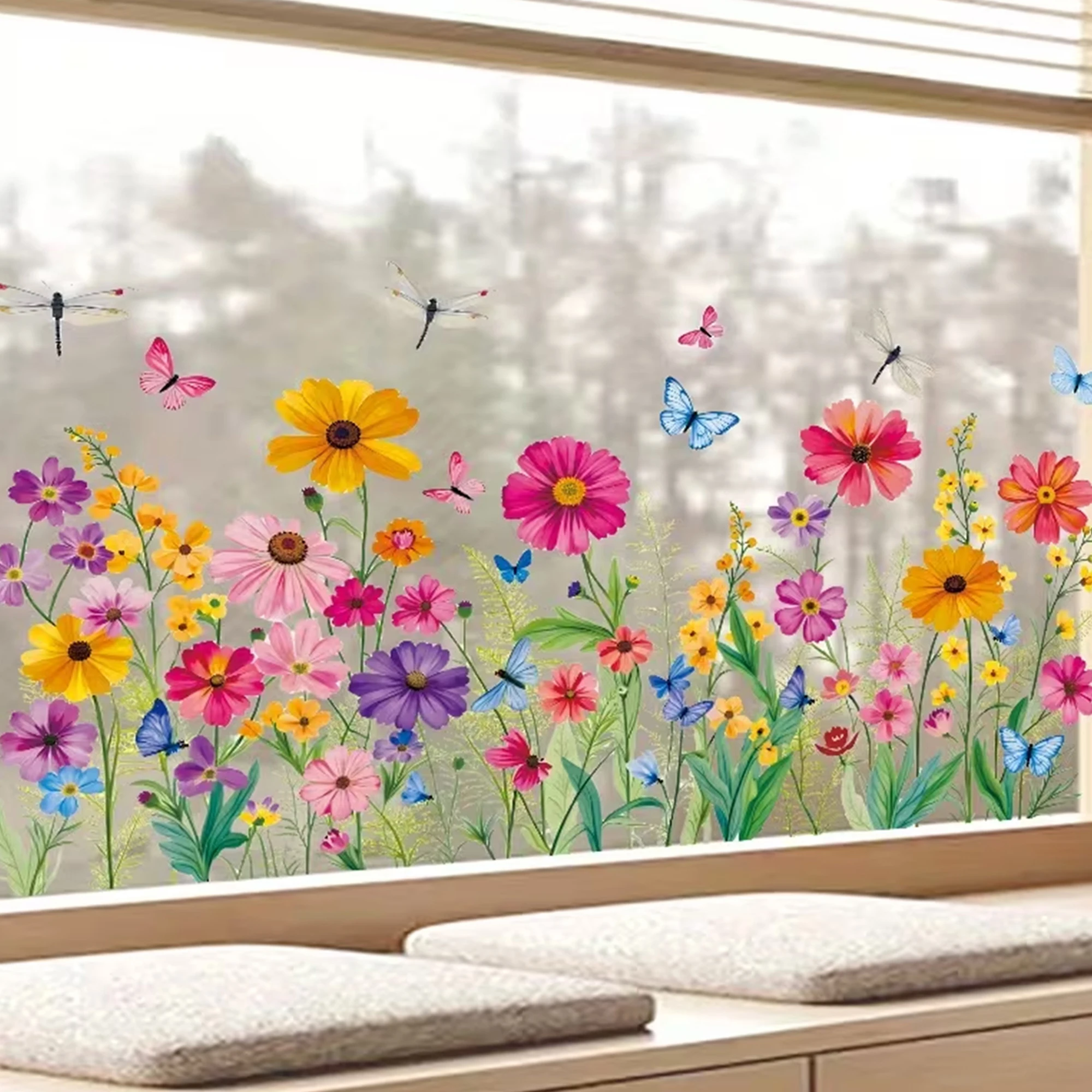 Colorful Wildflower Meadow Window Clings - Reusable Static Decals,Watercolor Floral Window Stickers Kitchen Bedroom Living Room