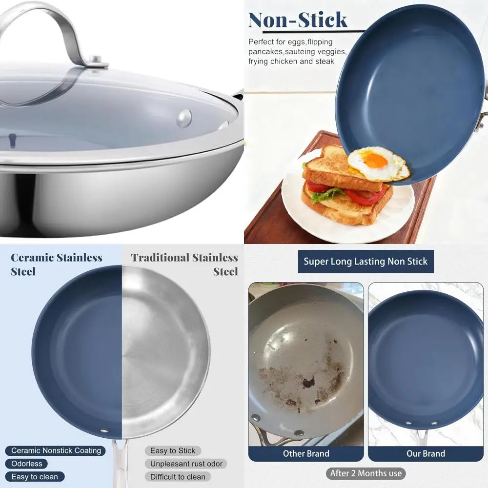 

10-Inch Non-Stick Stainless Steel Frying Pan with Ceramic Coating, Healthy and Safe for Induction, Electric, and Gas Stoves, Dis