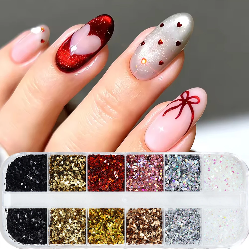 12 grilles de mini-paillettes cœurs rouges pour ongles, breloques 3D de 1 mm, mignonnes étoiles et cœurs, flocons holographiques pour manucure