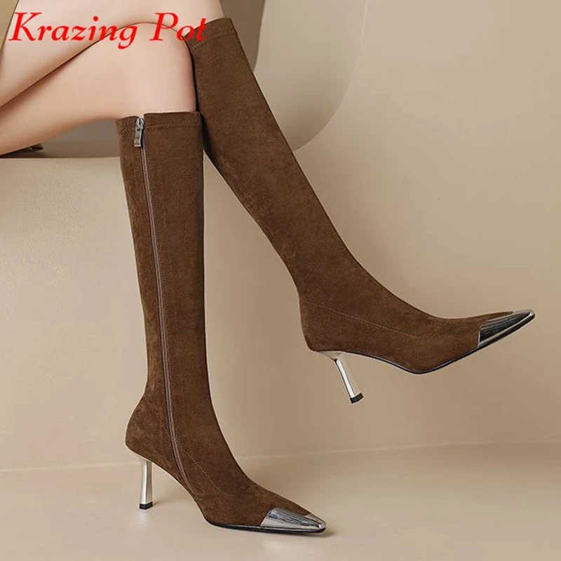 

Krazing Pot 2024 Flock Pointed Toe Stiletto Thin High Heels Stretch Boots Winter Shoes Causal Metal Decoration Thigh High Boots