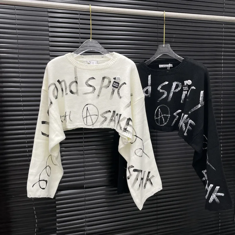 HKSH Autunno Nuove Donne Maglione Corto Lettera Stampata O-Collo Pullover a Maniche Lunghe Elegante High Street Elegante Top Lavorato a Maglia HK10089