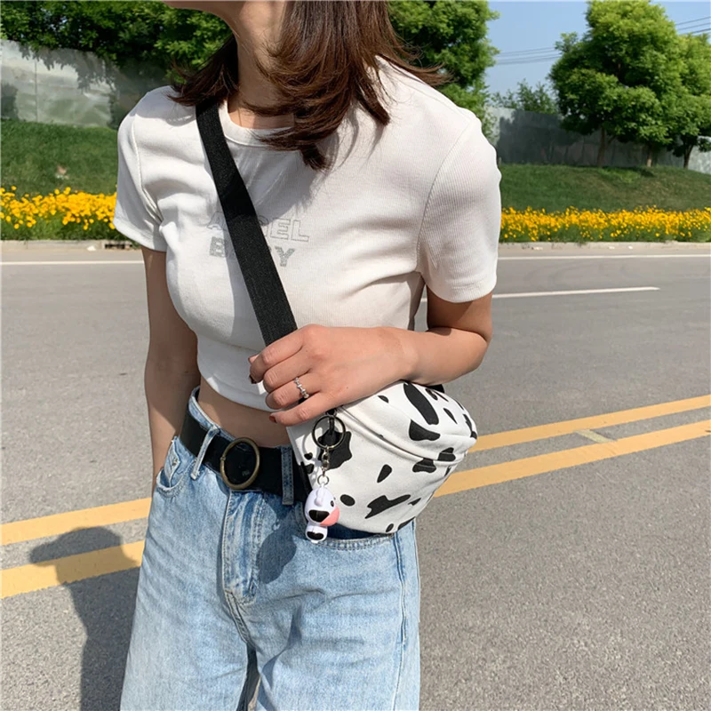 Korean Milk Cow Print Women Canvas Crossbody belt Bag Japanese Harajuku Girl Cute Chest Bags Waist Belt Female Fanny Pack