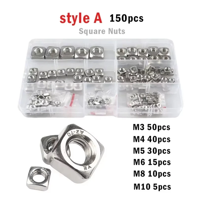 A2 304 Stainless Steel Square Nut Assortment Kit Box 150/185pcs M3 M4 M5 M6 M8 M10 Four-sided Nuts Set DIN557