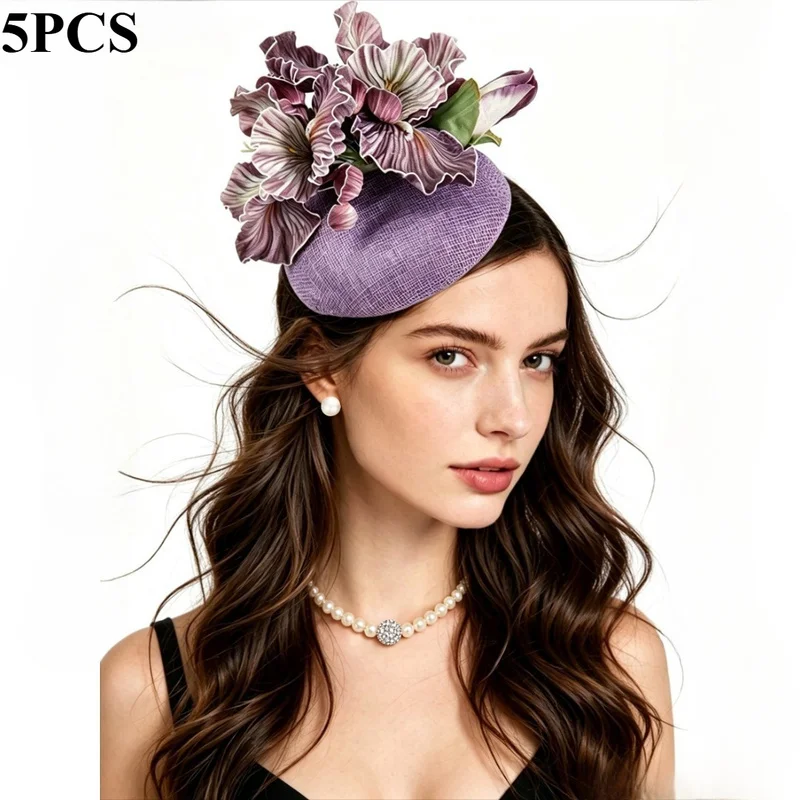 5-個セットメッシュフェザーウェディングレトロヘッドバンド競馬パーティーカラフルな花柄帽子セクシーなレースショートブライダルグローブ、ビーズジュエリー