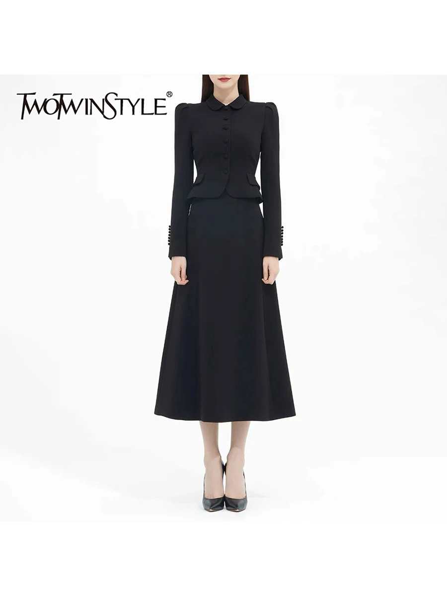 TWOTWINSTYL 여성용 우아한 투피스 세트, 라펠 긴 소매 스플라이스 버튼 코트, 하이웨이스트 롱 스커트 세트 여성 의류