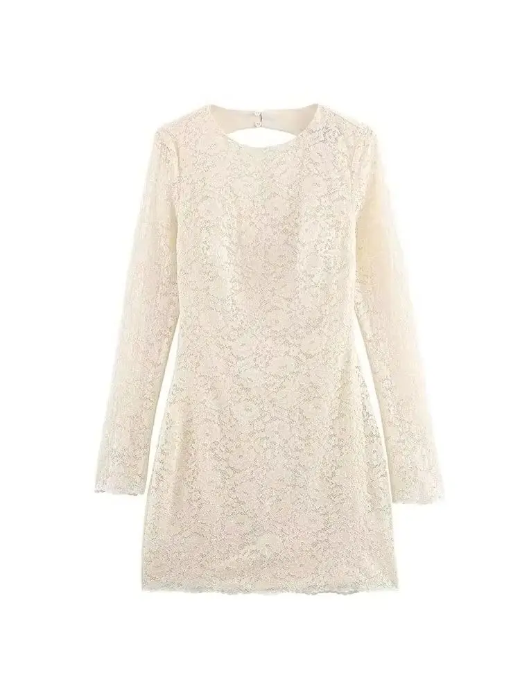 

HH Woman Spring Zipper Round Neck Backless Tighten The Waist Long Sleeves Lace Decoration Short Dress Female Elegant Sexy Skirt