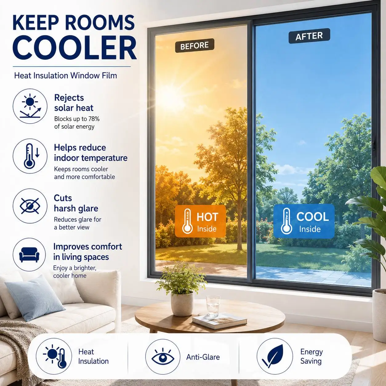 Daytime One Way Privacy Window Film Silver Blue Silver Light Block Heat Control for Home Balcony Glass