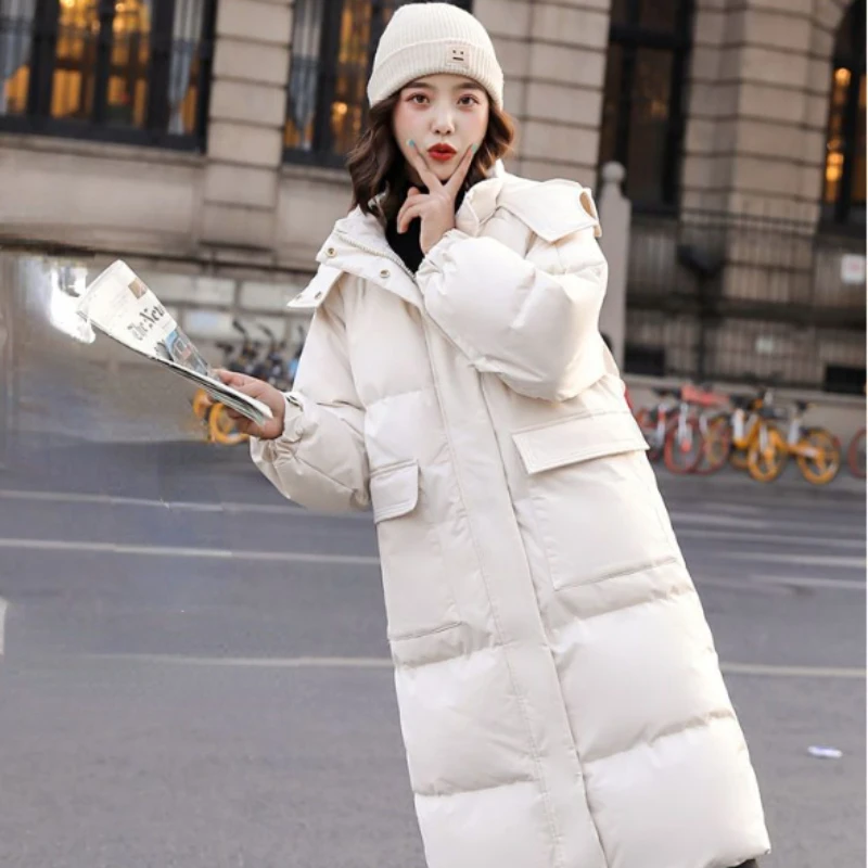 

2023 Women Winter New Cotton Coat Hooded Down Cotton Coat Korean Version Loose Thickened Mid Length Coat Over Knee Cotton Coat