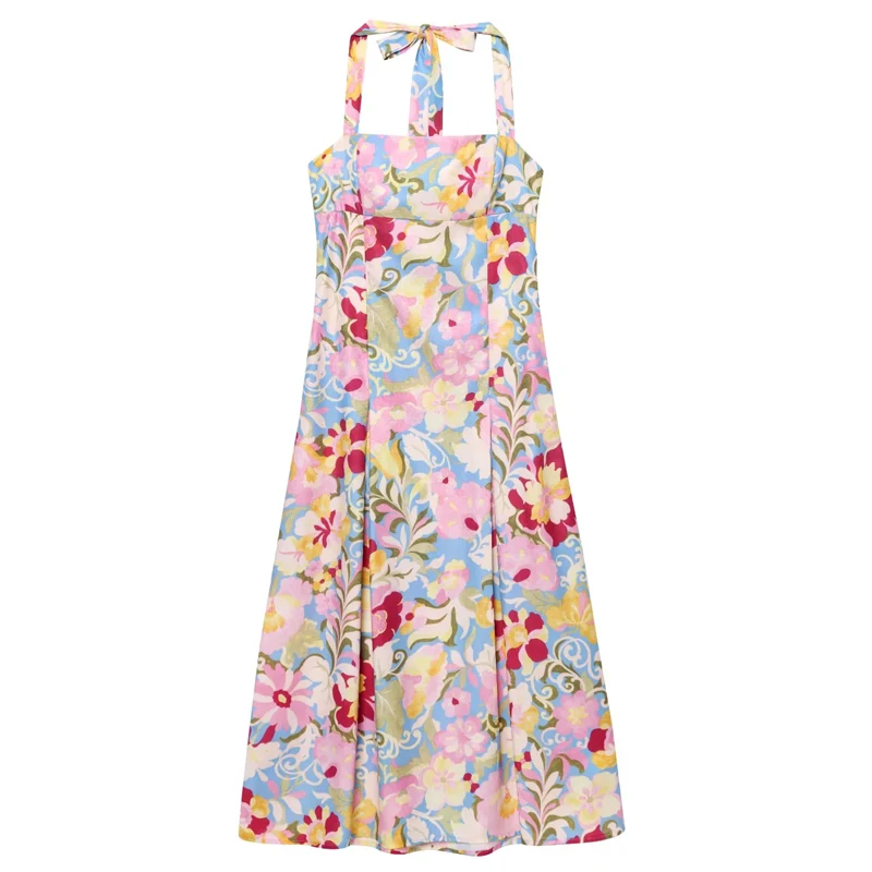 HXAO Print Gebloemde Jurk Vrouw Zomer Halter Strand Lange Jurken Corset Backless Sexy Nieuw In Jurken Mouwloze Slip Midi Jurk
