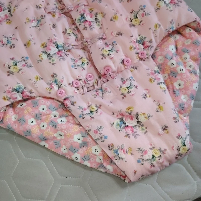Handmade Floral Print Bodysuit, Chinese Frog Buttons Filled Cotton Soft Puffy Warm Sleeveless Jumpsuit Women Men Onesie