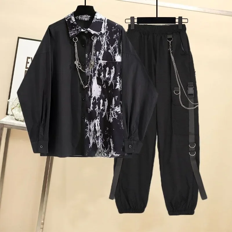 Fashionable Men\'s Sets Korean Style Loose Tie-Dyed Shirt +Black Cargo Pants with Chain Hip-Hop Plus Size Man Clothes Outfits