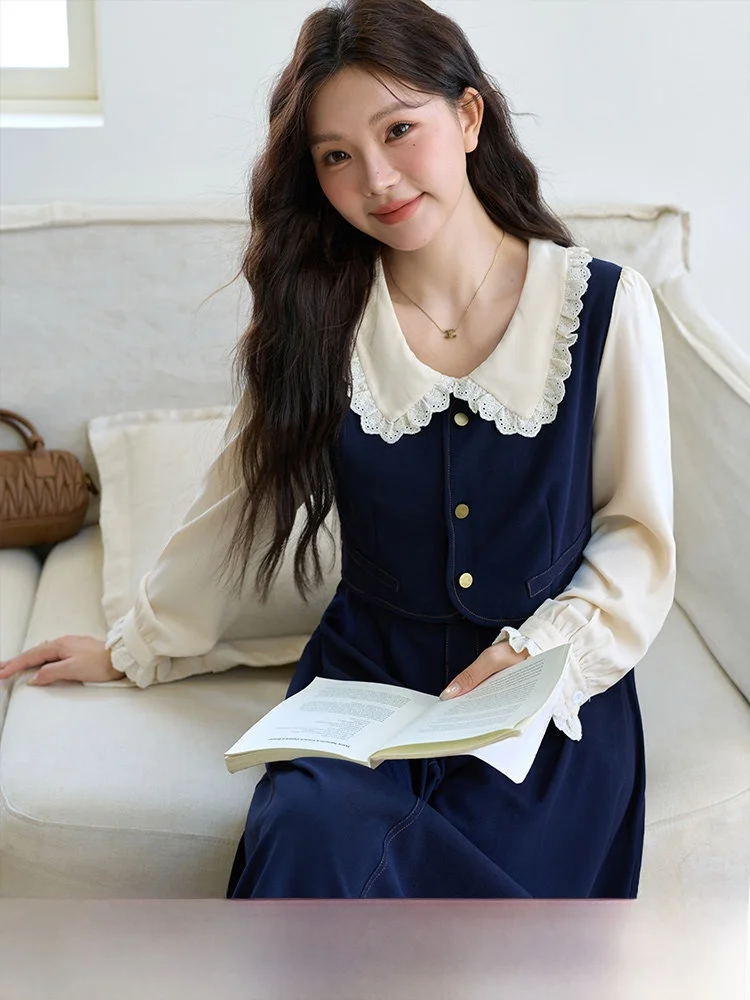 

Джинсовое платье больших размеров, женское весенне-осеннее новое платье с детским воротником на талии, повседневное платье свободного покроя из полиэфирного волокна