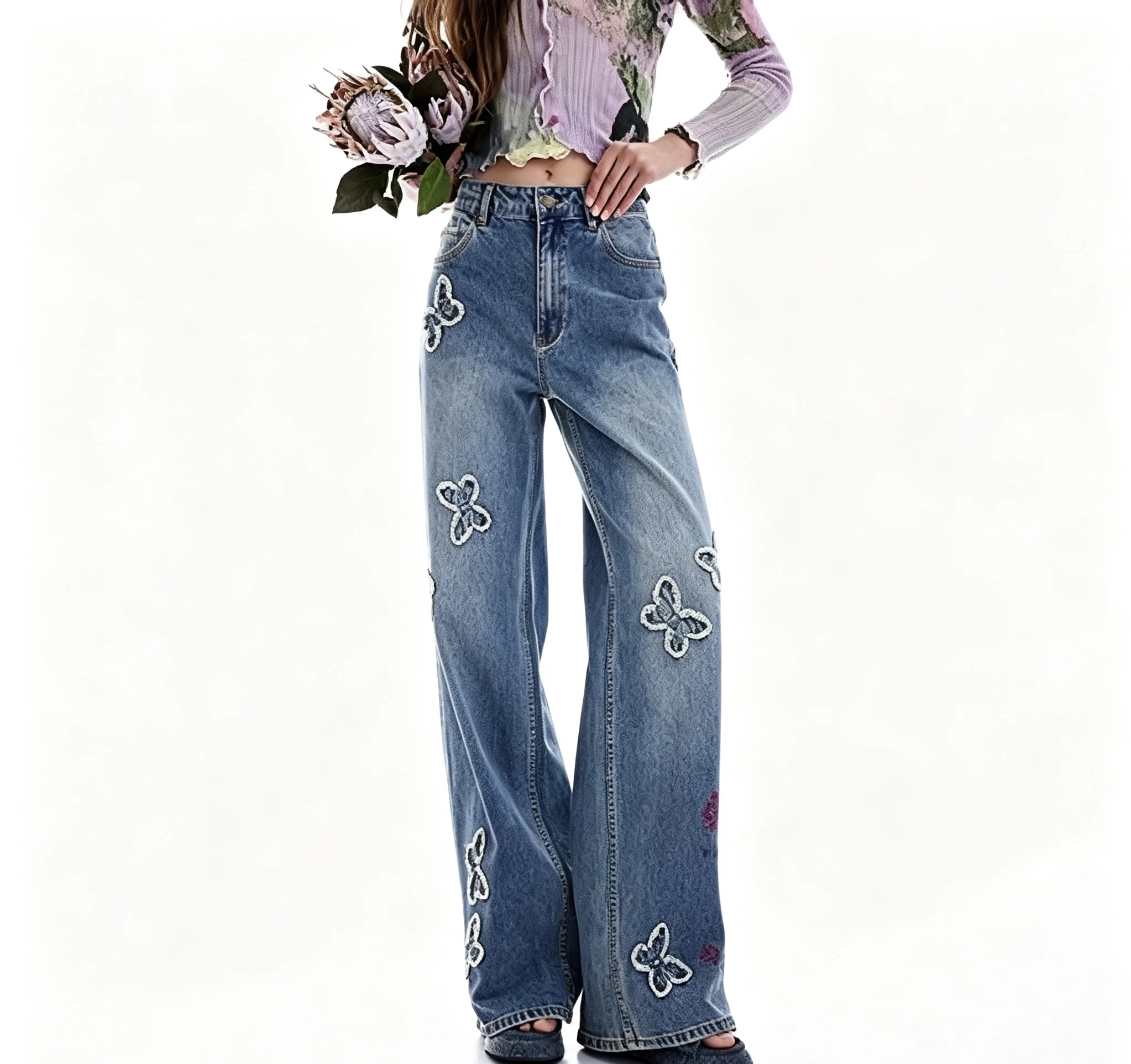 European, American, Spanish original single women's jeans embroidered print nail bead straight leg pants light luxury newproduct