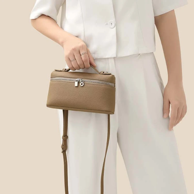 Genuine Leather Lunch Box Bag, Top Handle Crossbody Purse, Minimalist Zipper, Trendy Women'S Handbag Shoulder Bag
